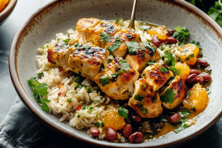 Cilantro Orange Chicken with Rice and Beans
