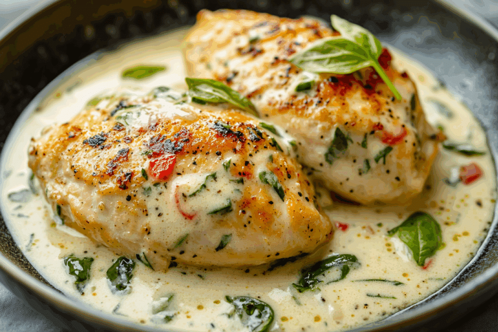 Mozzarella Chicken in Basil Cream Sauce