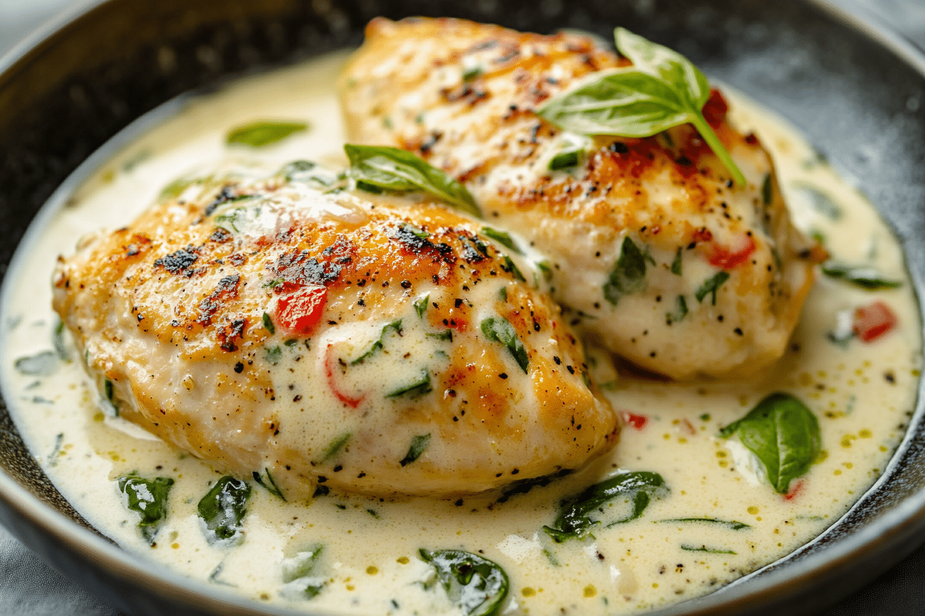Mozzarella Chicken in Basil Cream Sauce