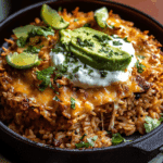 Twice Baked Crispy Cheesy Taco Rice Casserole.