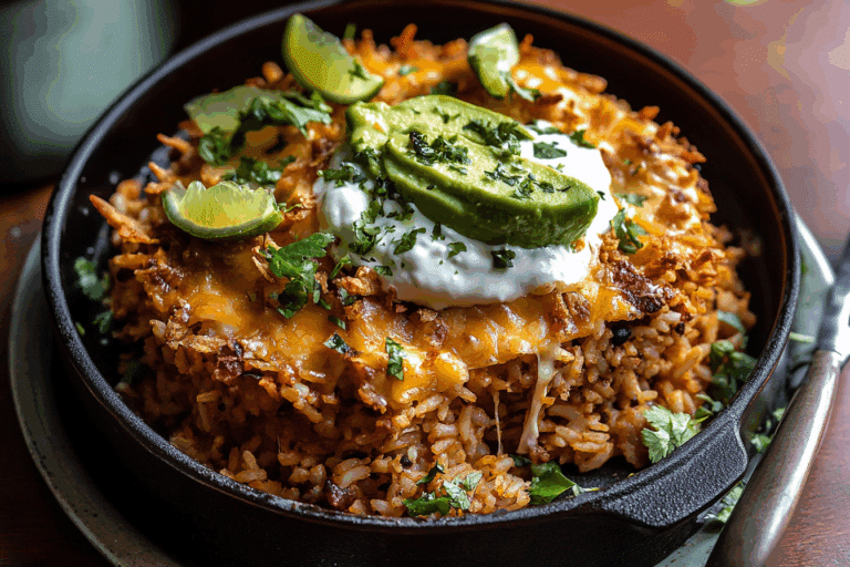 Twice Baked Crispy Cheesy Taco Rice Casserole.