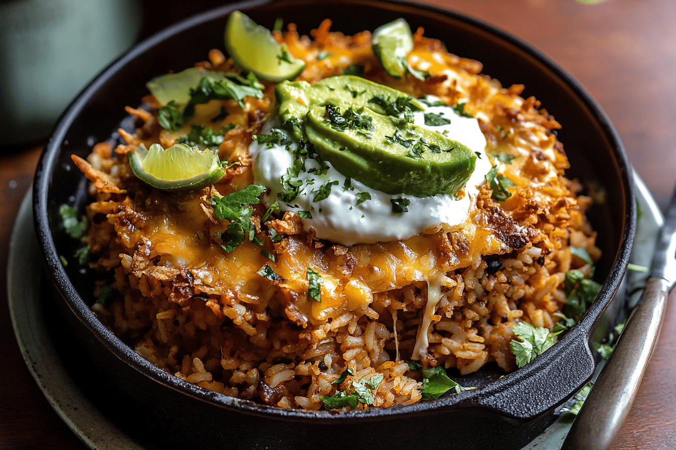 Twice Baked Crispy Cheesy Taco Rice Casserole.