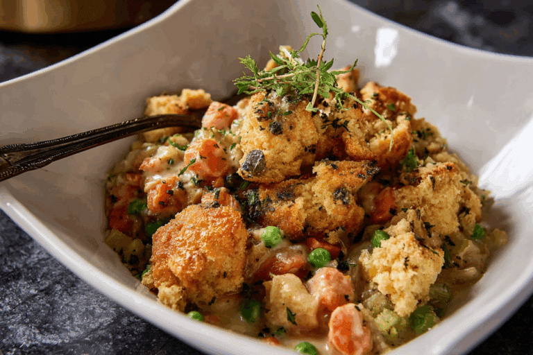 Chicken Pot Pie Casserole with Biscuit Crumbles