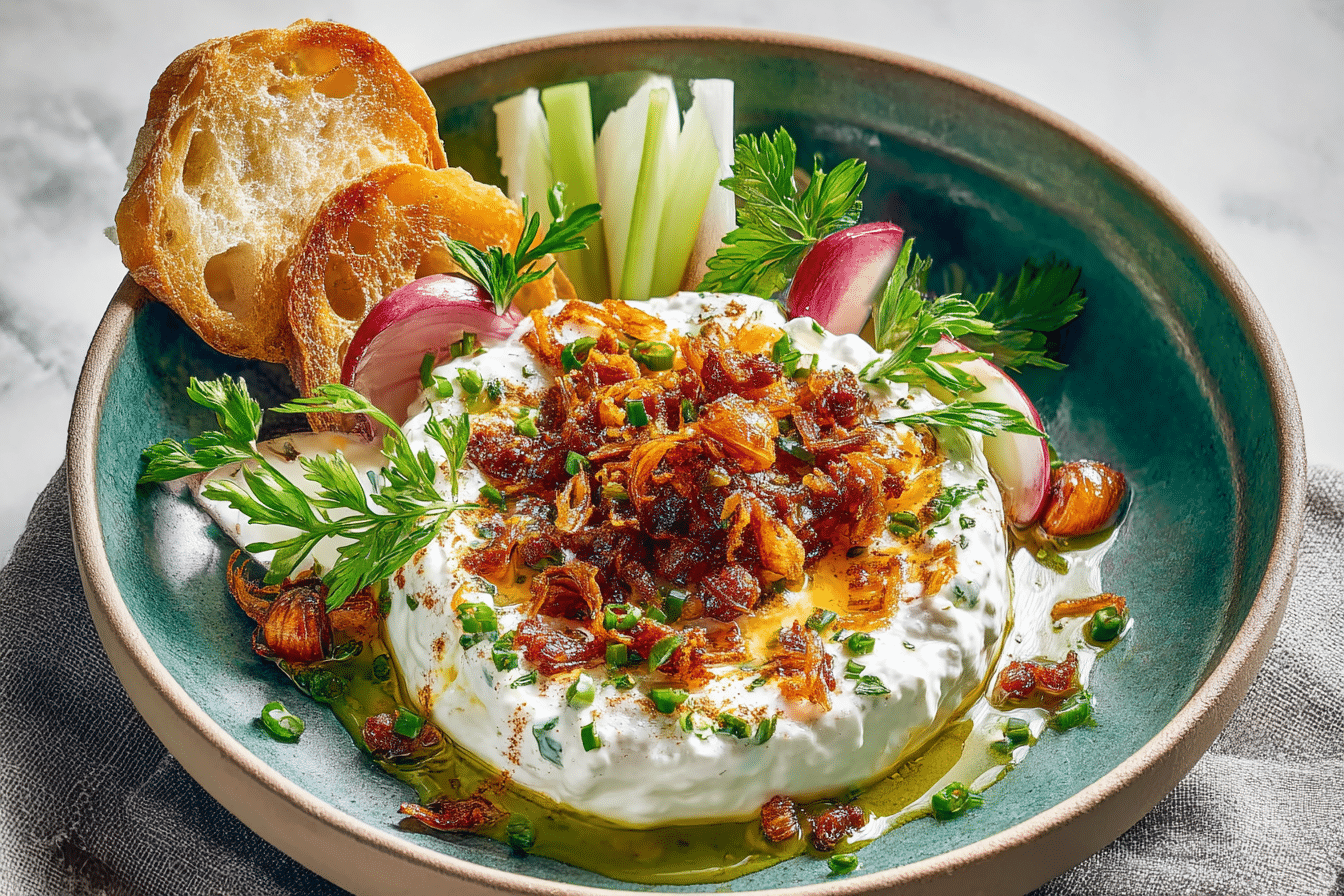 Greek Yogurt Onion Dip with Crispy Shallots