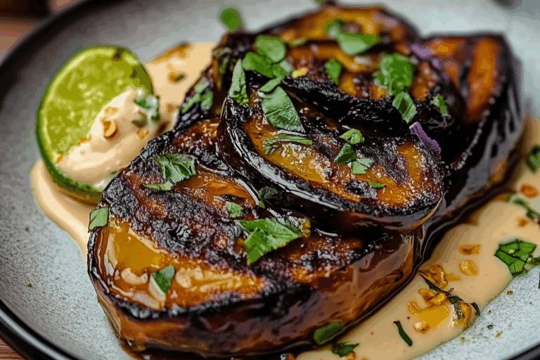 HONEY-GARLIC EGGPLANT DIPPERS WITH CASHEW-LIME CREAM