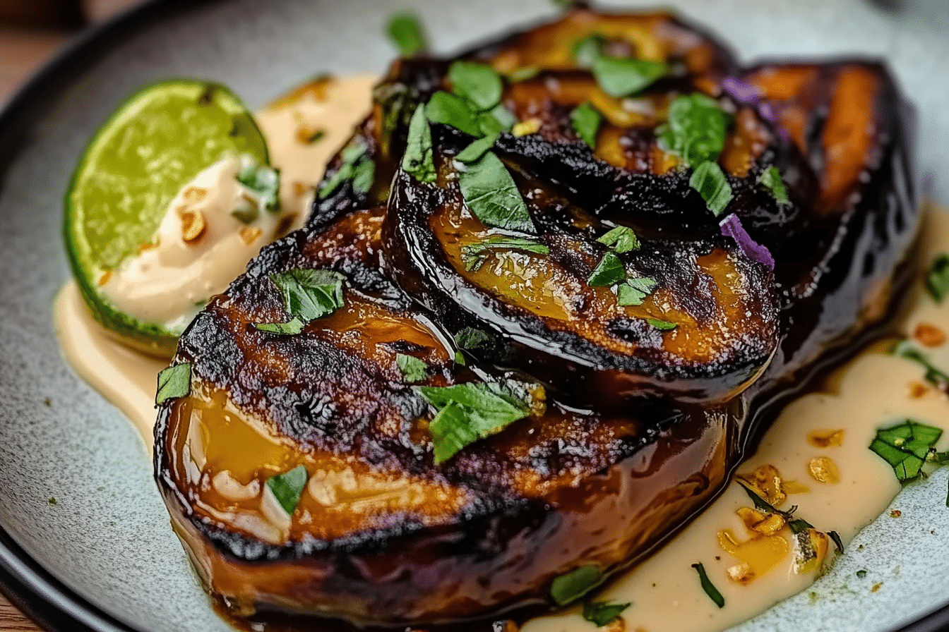 HONEY-GARLIC EGGPLANT DIPPERS WITH CASHEW-LIME CREAM