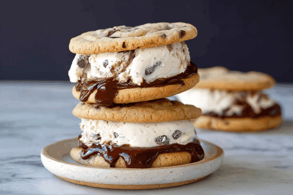 Hot Fudge Chocolate Chip Cookie Cookie Dough Ice Cream Sandwich.