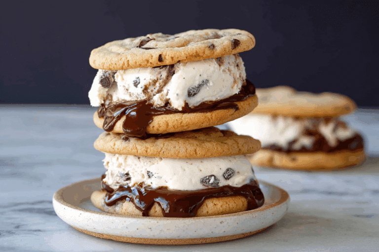 Hot Fudge Chocolate Chip Cookie Cookie Dough Ice Cream Sandwich.