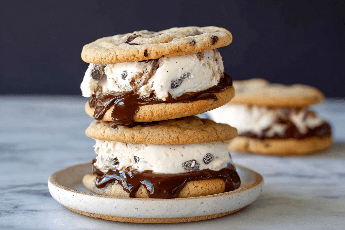 Hot Fudge Chocolate Chip Cookie Cookie Dough Ice Cream Sandwich.