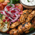 Sheet Pan Chicken Kebab With Onion, Tomato, Pomegranate Salad And Garlic Yogurt Sauce