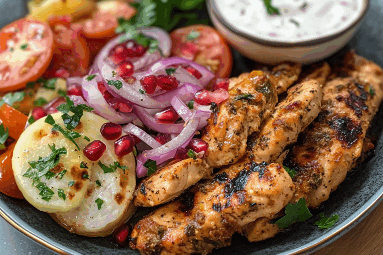 Sheet Pan Chicken Kebab With Onion, Tomato, Pomegranate Salad And Garlic Yogurt Sauce