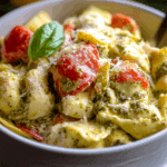 Slow Cooker Tortellini Casserole with Cheesy Chicken & Pesto