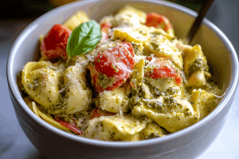 Slow Cooker Tortellini Casserole with Cheesy Chicken & Pesto