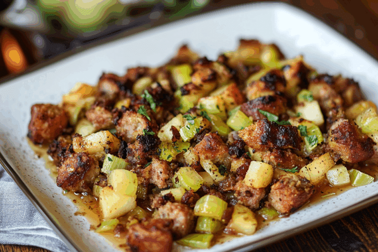 Sourdough Stuffing with Sausage, Apples and Leeks