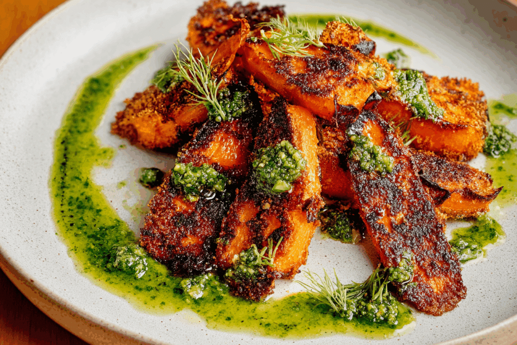 The Best! Crunchy Parmesan Carrots with Salsa Verde