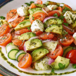 Tomato Cucumber Avocado Salad with Mozzarella and Basil Pesto