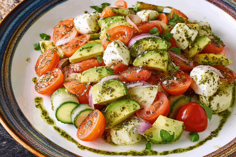 Tomato Cucumber Avocado Salad with Mozzarella and Basil Pesto