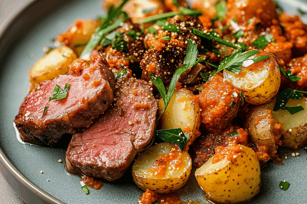 Veal Minute Steak with Romesco Potato Salad (gluten-free)