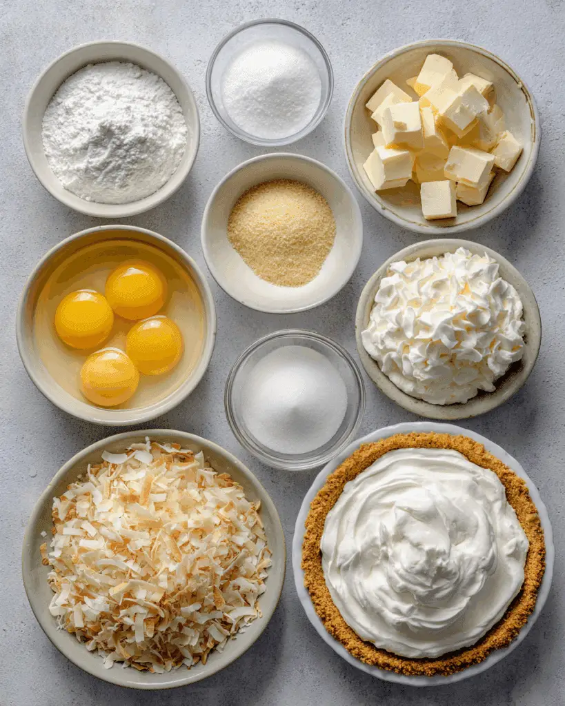 “Coconut Cream Pie ingredients laid out on a marble surface”