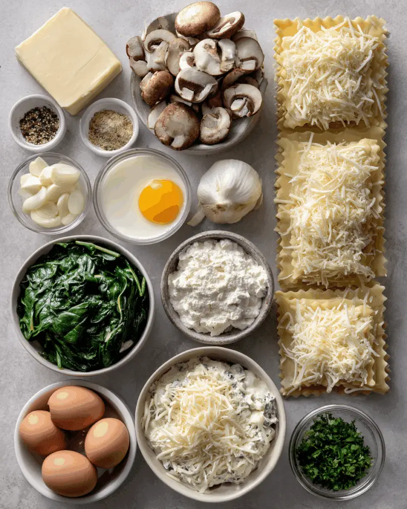  spinach-and-mushroom-white-lasagna-ingredients-laid-out