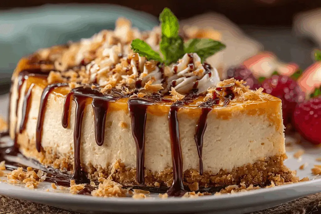 Cheesecake with coconut caramel chocolate topping