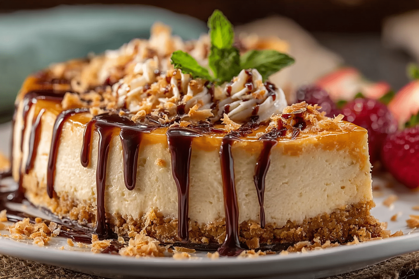 Cheesecake with coconut caramel chocolate topping