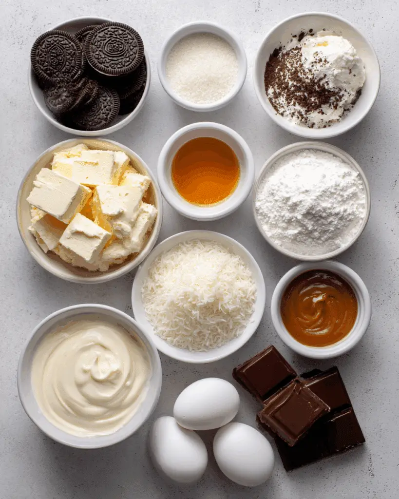 Samoa Cheesecake ingredients including Oreo cookies, cream cheese, caramel, coconut, and chocolate