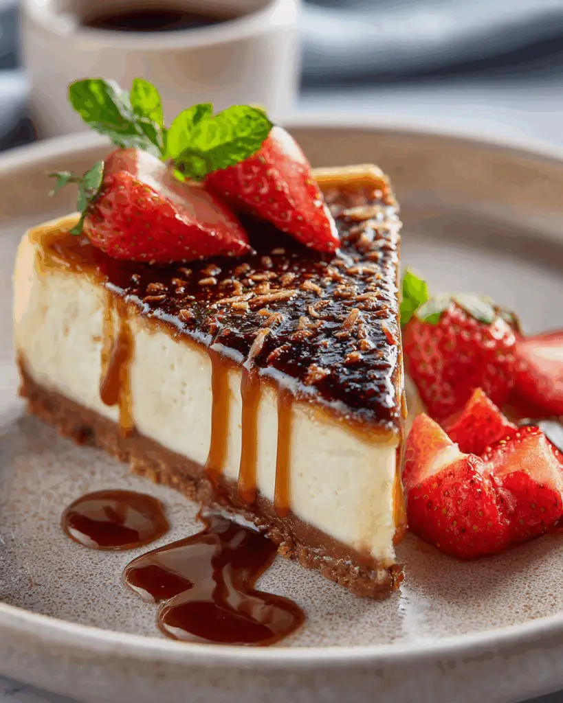 Samoa Cheesecake slice with chocolate drizzle