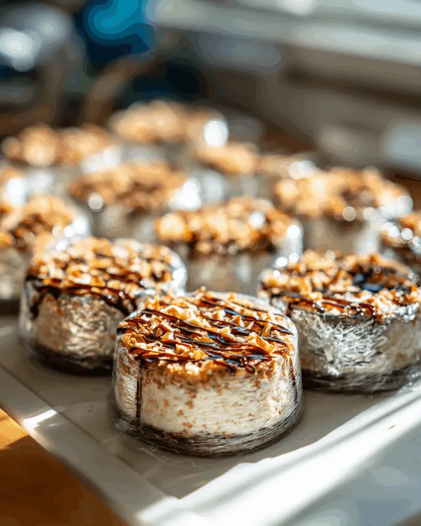 Wrapped Samoa Cheesecake slices for freezing