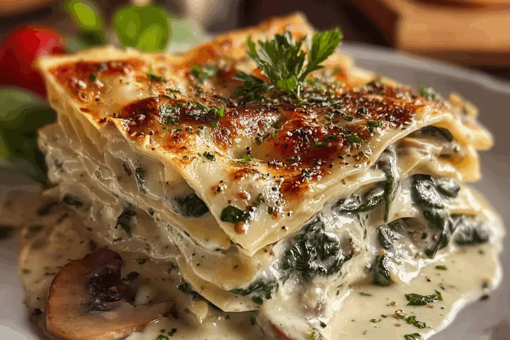 spinach-and-mushroom-white-lasagna-baked-cheesy