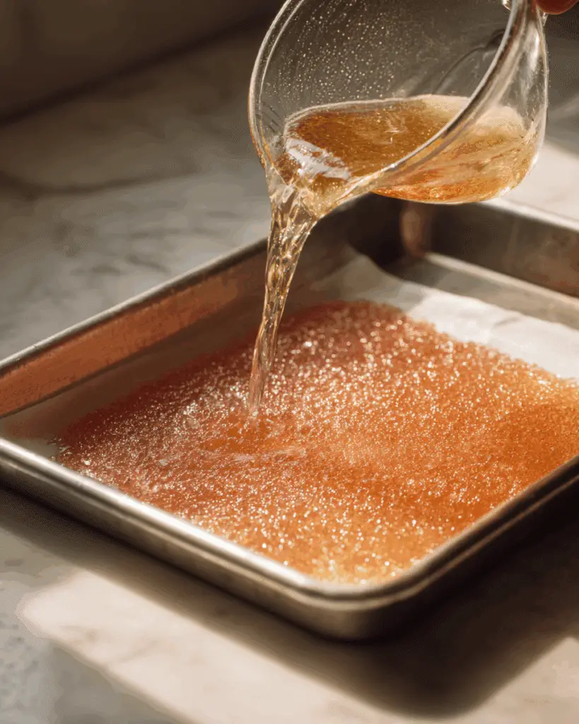 Stirring hot red cinnamon candy syrup in saucepan