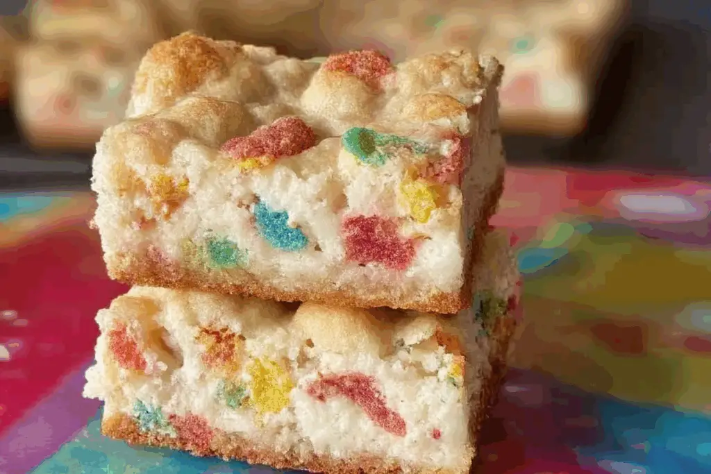 Fruity Pebbles Cookie Cheesecake Bars