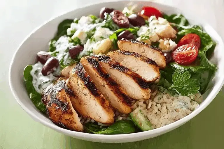 Grilled Chicken with Rice, Salad, and Creamy Yogurt Sauce