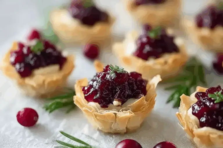Mini Phyllo Cups with Brie, Pecans & Cranberry Drizzle