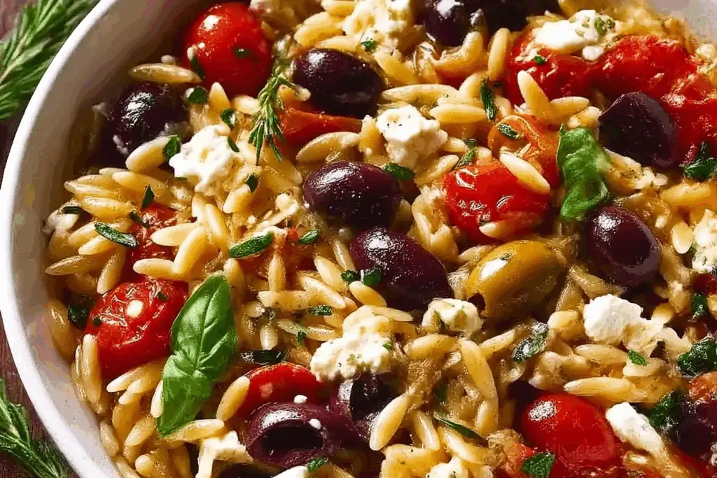 Greek Orzo with Tomatoes, Feta, Olives, and Fresh Basil