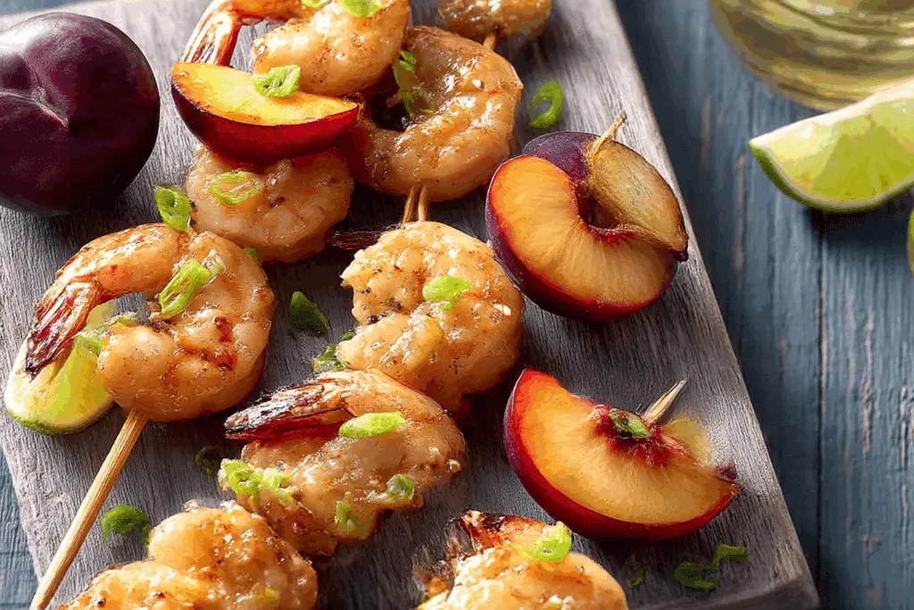 Skewered Ginger Shrimp with Plums