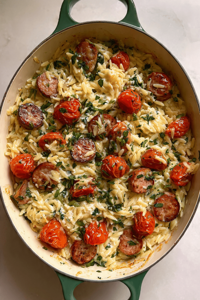 Orzo Chicken Sausage Skillet with Boursin Cheese