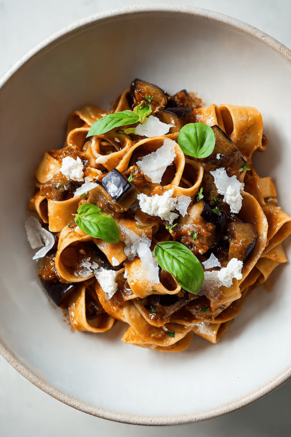Tagliatelle with Aubergine and Salted Ricotta