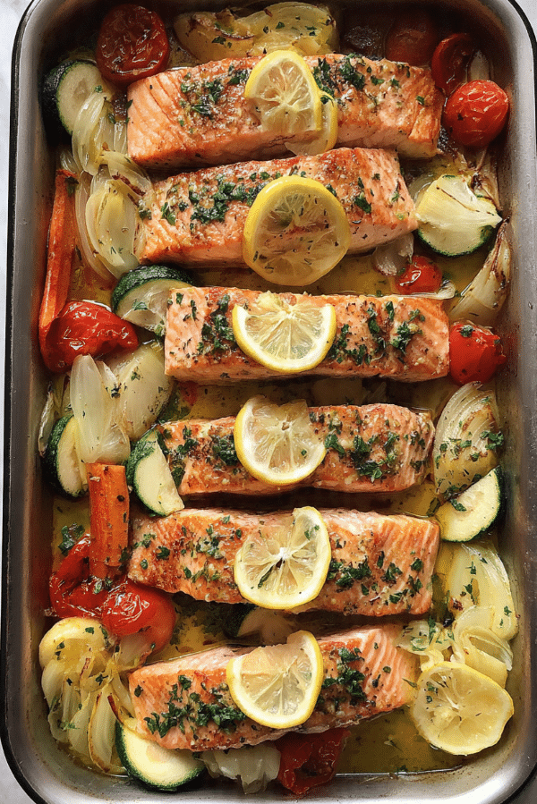 Lemon Garlic Salmon Tray Bake
